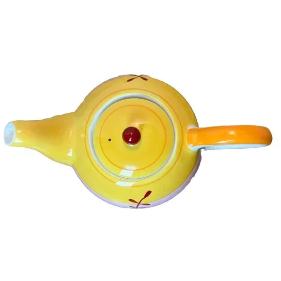 Hues N Brews Teapot Set w/ 2 Cups & Tray Ceramic Yellow Orange Hand Painted - Picture 4 of 11